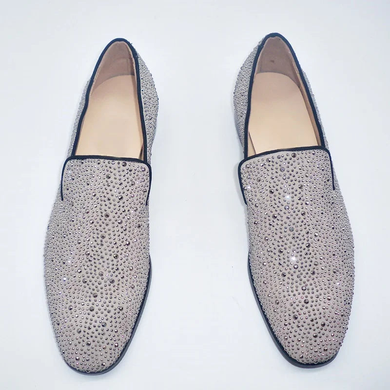 Visco Silver Rhinestone Loafers For Men Luxury Fashion Mens Leather Dress Shoes Handmade Slip On Casual Shoes