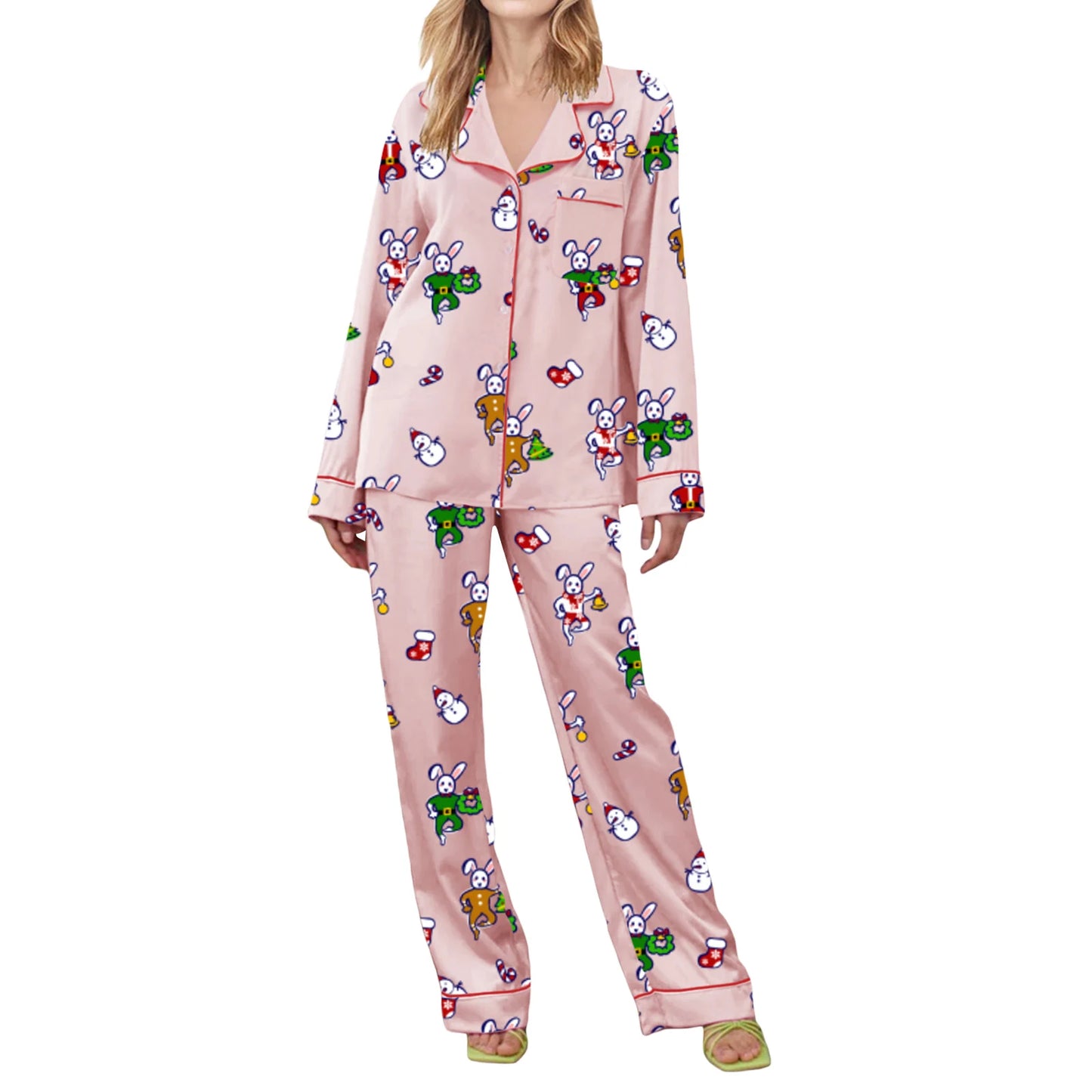 Women's Christmas Loungewear Set Snowman Print Long Sleeve Lapel Button Shirt with Long Pants Sleepwear