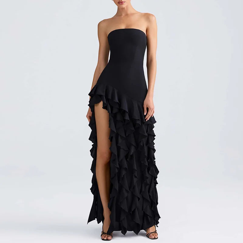 Maxy Show Style Ruffles High Split Evening Dress Sexy Tube Top Sleeveless Wrap Hip Dress Elegant Solid Color Off Shoulder Party Dress