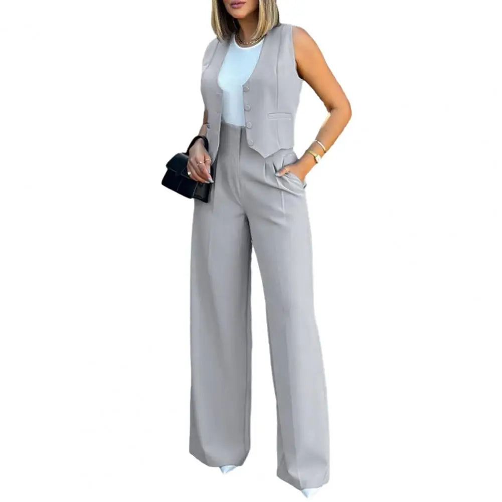 Zay Women Vest Elegant Lady Baggy Pants Set Women's High Waist Wide Leg Pants with Sleeveless Vest Solid Color Casual Streetwear