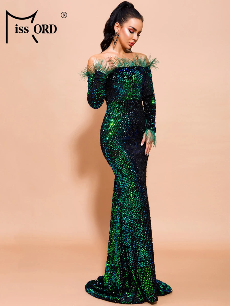 Babs Green Sequin Evening Dresses Elegant Women Off Shoulder Feather Long Sleeves Bodycon Maxy Mermaid Party Prom Dress Gown