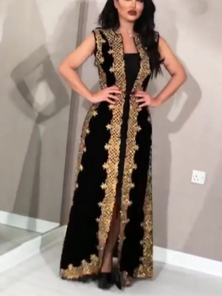 Maxy Two Piece Set Women Black Elegant Dress Summer Vintage Tank Leeveless Cardigan Embroided Floor Length Club Party Dresses