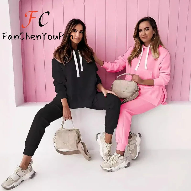 Maxy Fashion New Women's Set Autumn Winter Loose Solid Slits Pockets Hooded Pullover Elastic Waist Casual Pants Two-piece Hoodies Set