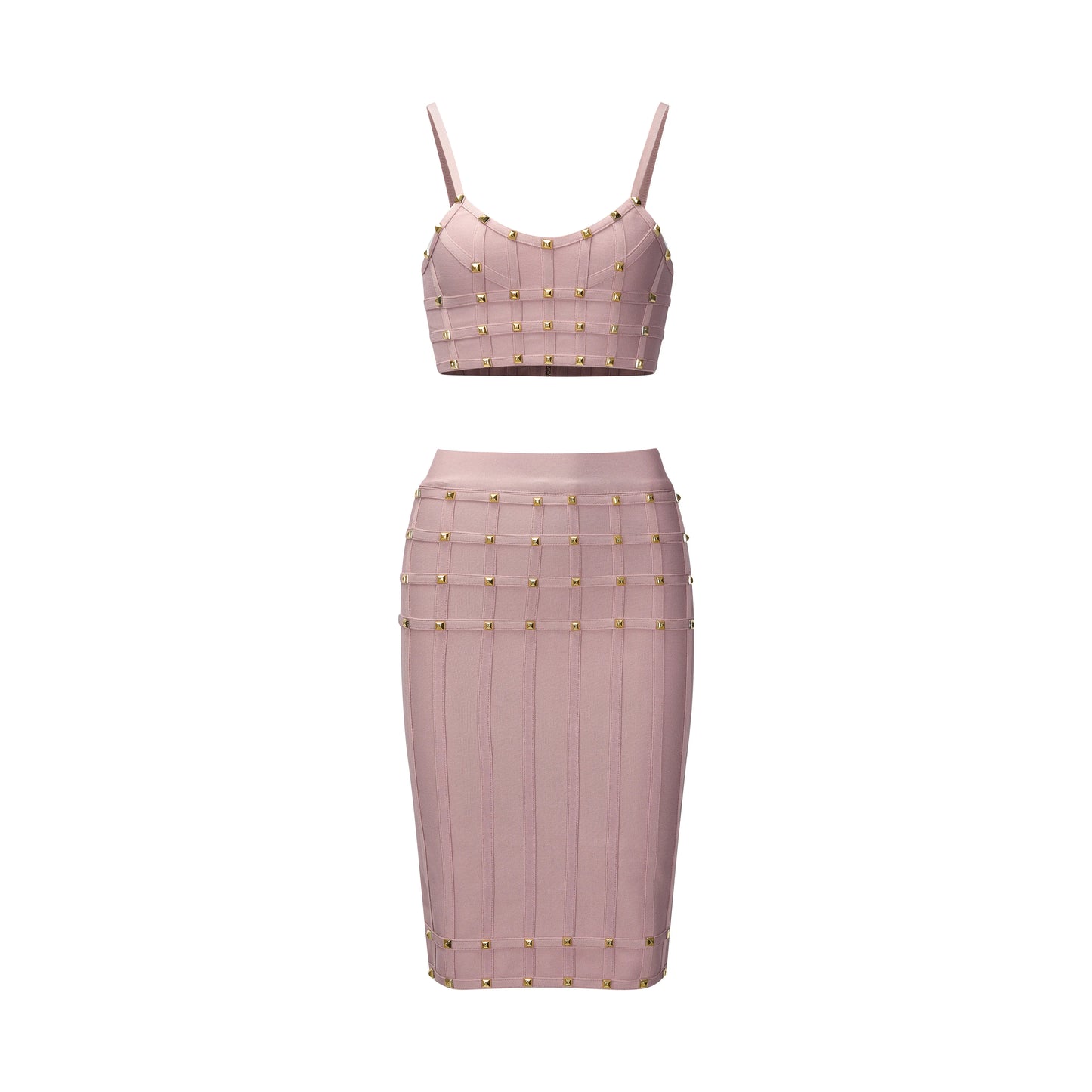 Maxy Women Studded Bandage Outfits Camisoles and High Waist Knee Length Skirt Elastic High Street Two Piece Sets Evening Club Dresses