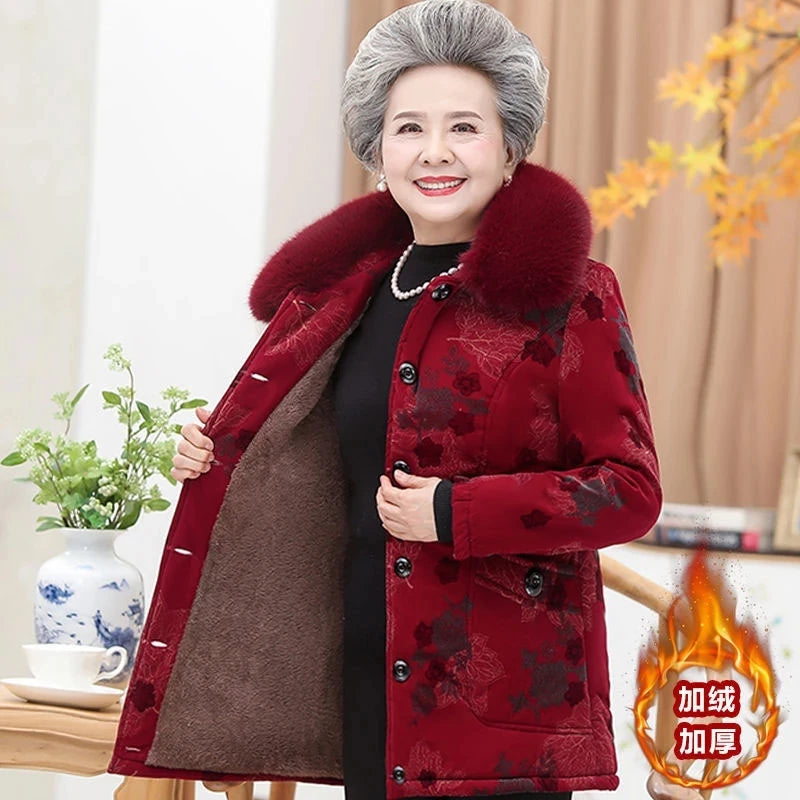 Maxy 5XL Coat Elderly Women Clothing Winter Add Velvet Warm Jacket Female Grandmother Outfit Overcoat Parkas Coat Outerwear W11