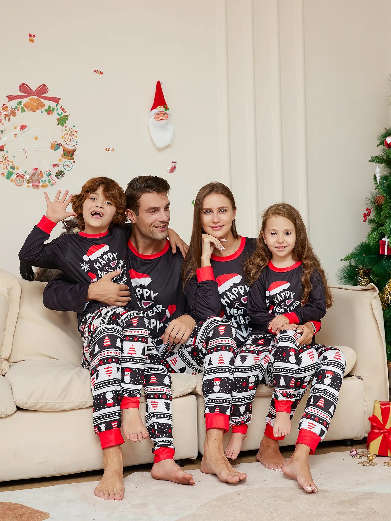 Maxy Warm Christmas Family Pajamas Xmas Old Man Moose Cartoon Letters Printed Family Matching Outfits Holiday Baby Clothes