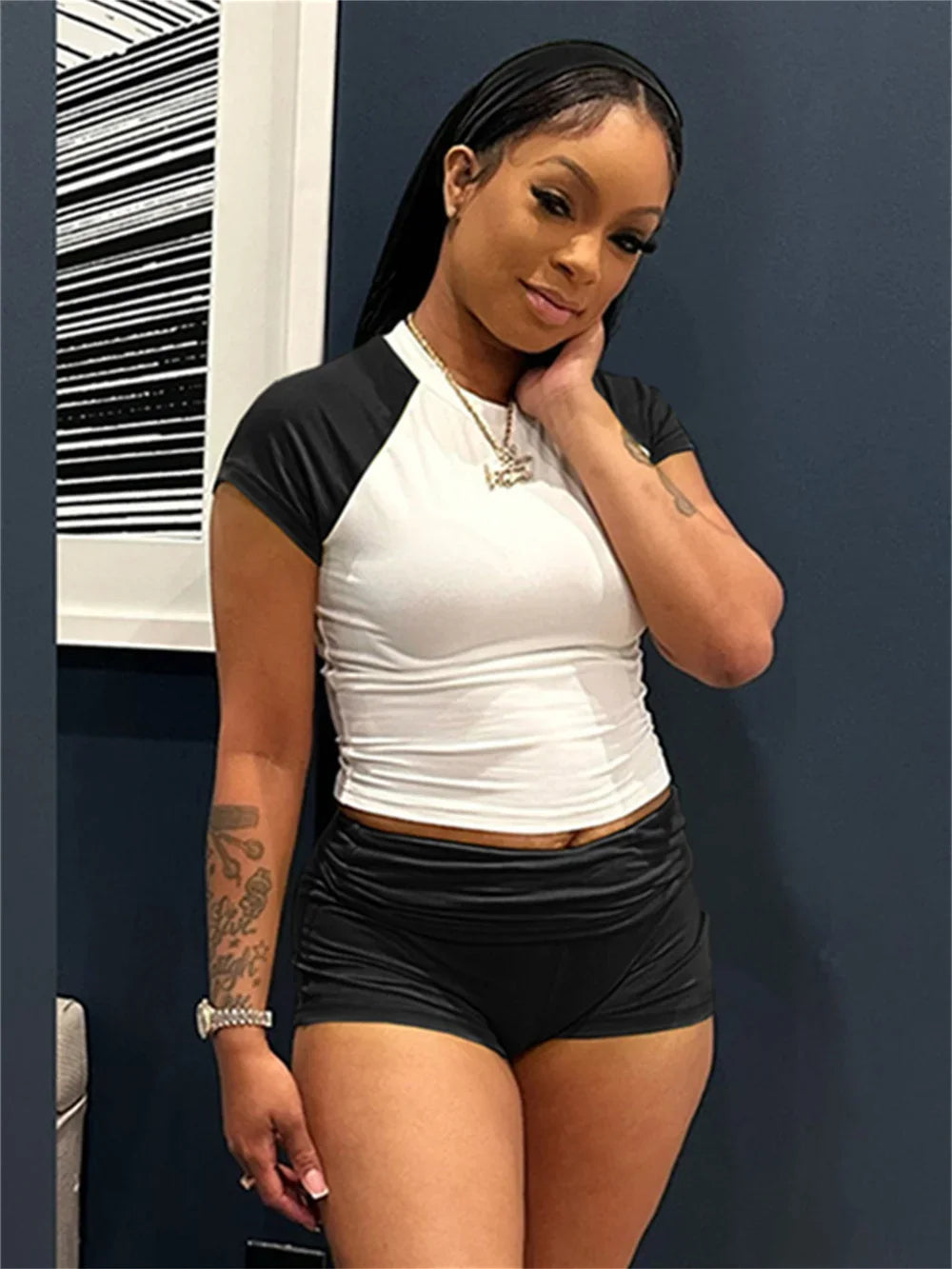 Maxy Sporty Patchwork 3 Piece Set Women Casual Summer Headband Crop Top+High Waist Bike Shorts Street Matching Tracksuit