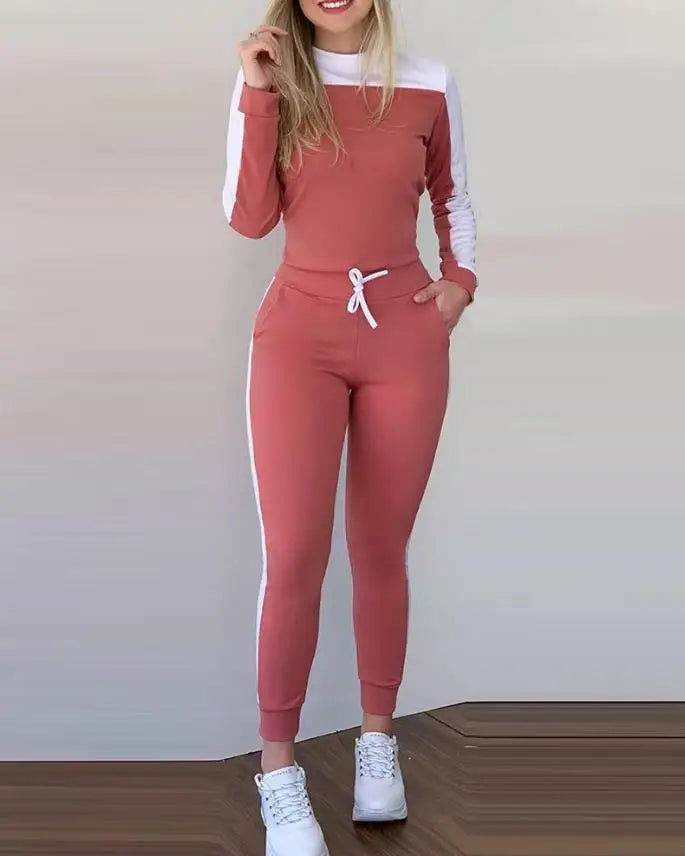 Maxy Casual Two Piece Sets Womens Outifits OTTD Colorblock Long Sleeve Round Neck Top & Sporty Skinny Drawstring Pants Set Autumn