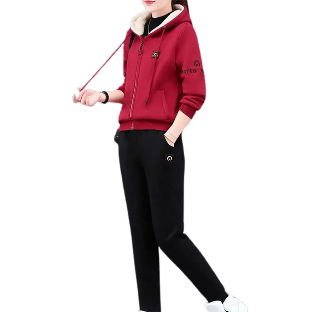 Winter Thickened Lambswool Tracksuit Women Hooded Zip Up Sweatshirt Plus Velvet Pant Suit Casual Two Piece Set chandals mujer