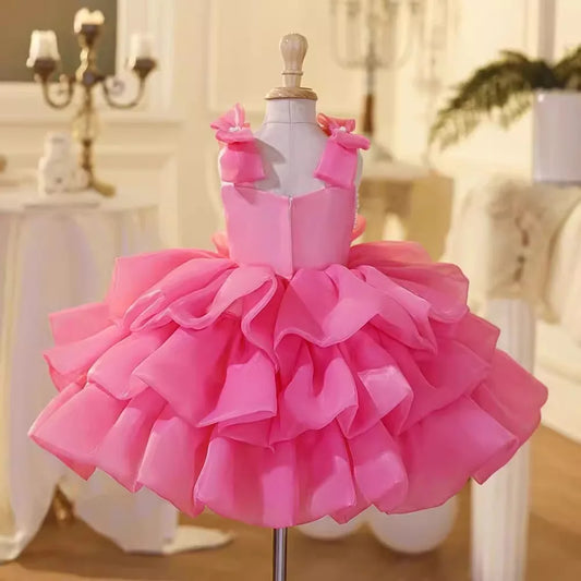 Amay luxury Girls Princess Rose evening dress Children pearl Bow tutu Wedding Gown Kids Dresses baby infant Birthday Party Dress