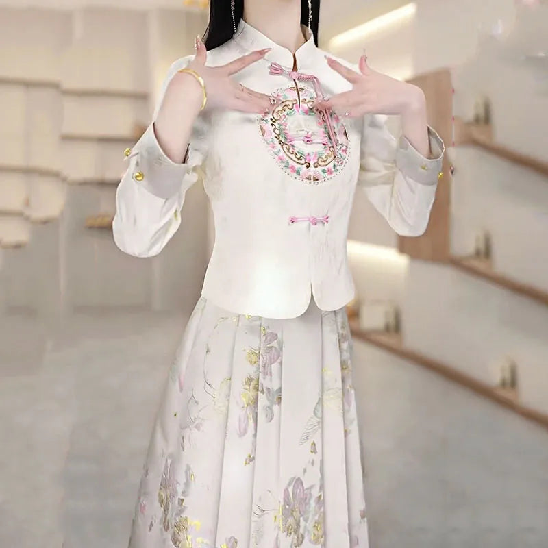 Amay Fashion Skirt Two-piece Women's Clothing Spring Summer New Elegant Horse-faced Skirt Luxury Party Shirt Floral suit Female