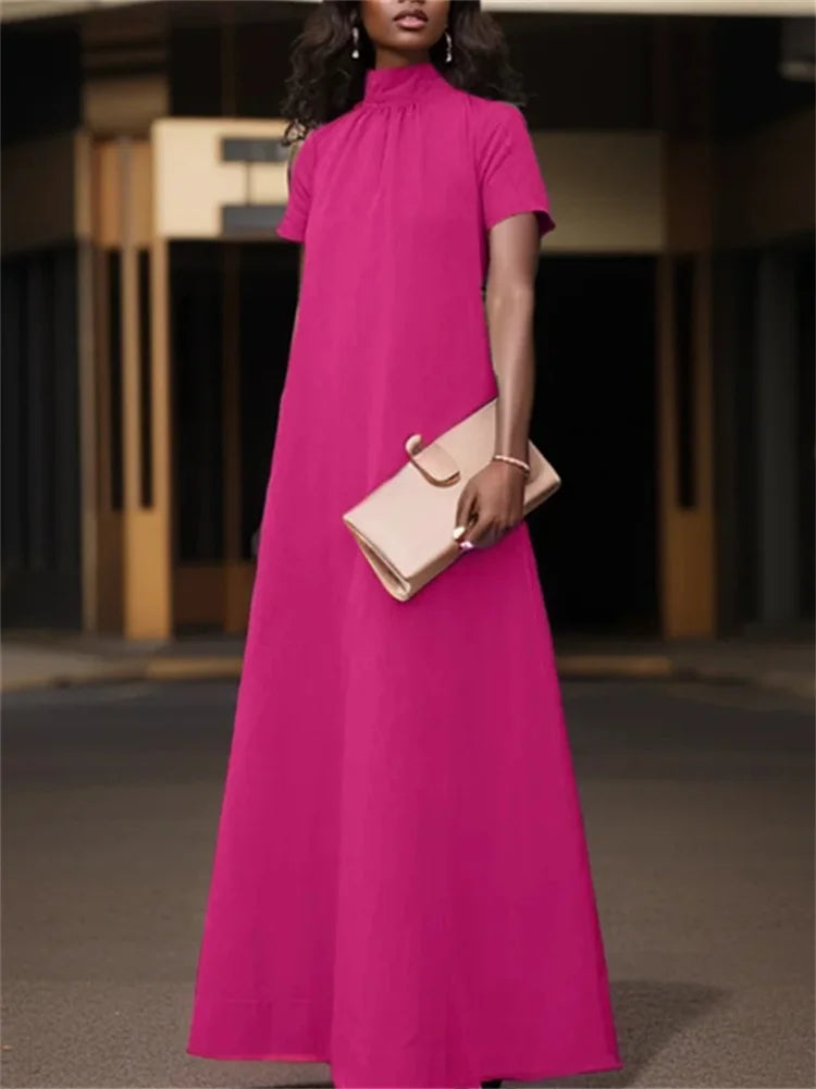 Maxy Summer High Collar Kleid Robes Casual Loose Party Long Dresses Women Short Sleeve Maxi Dress Elegant Solid dress