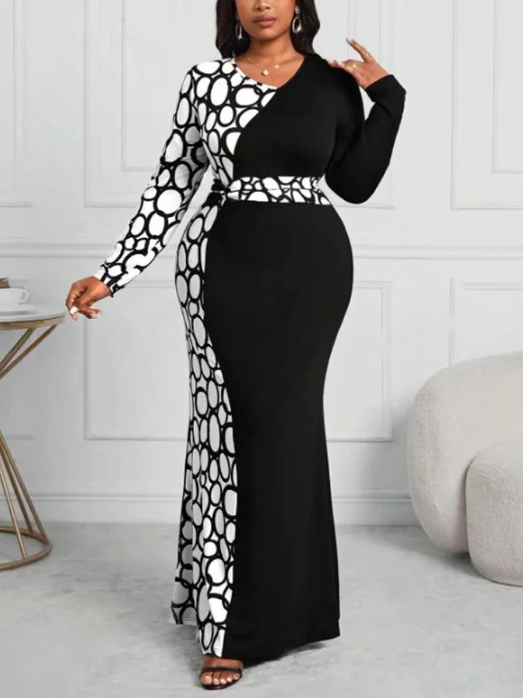 Maxy  Plus Size Autumn V-neck Long Sleeve Mermaid Hem Bodycon Dress Women Black Contrast Print Elegant Maxy Dresses New