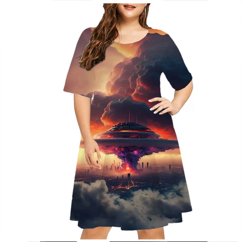Maxy Thunder Lightning Pattern Women Dress Short Sleeve O-Neck Tie Dye 3D Print Summer Dress Plus Size Ladies Casual Loose Dress 6XL