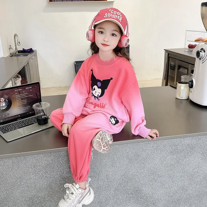 Maxy New Anime Sanrio Kuromi Cartoon Print Hoodies Sets for Girls Long Sleeved Top and Long Pant Children's Tracksuits Birthday Gifts