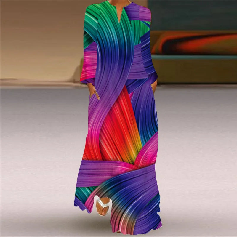 Maxy Casual Print Dress for Women Autumn New Printed V-neck Robe Vestidos Ladies Fashions Elegant Loose Long Dresses Vestidos