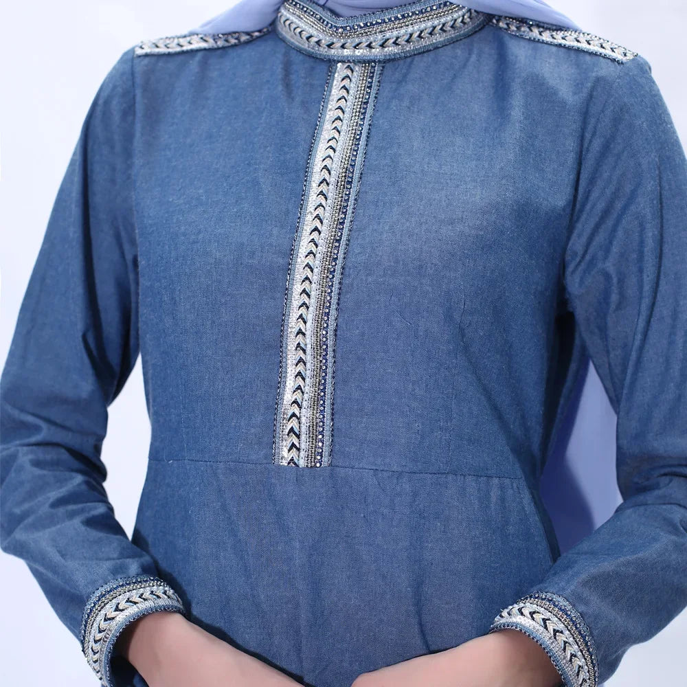 Maxy New Women Denim Long Dress Abaya Muslim Dubai Kaftan Islamic Robe Turkish Caftan Vintage Party Gown