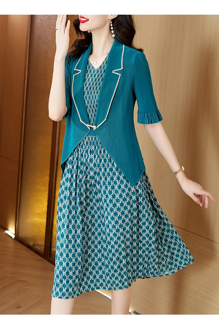 Maxy Pleated Dress Autumn New Style Plaid Suit Collar Pleated Skirt Waist Slimming Magic Skirt Set Maxy Dress for Women