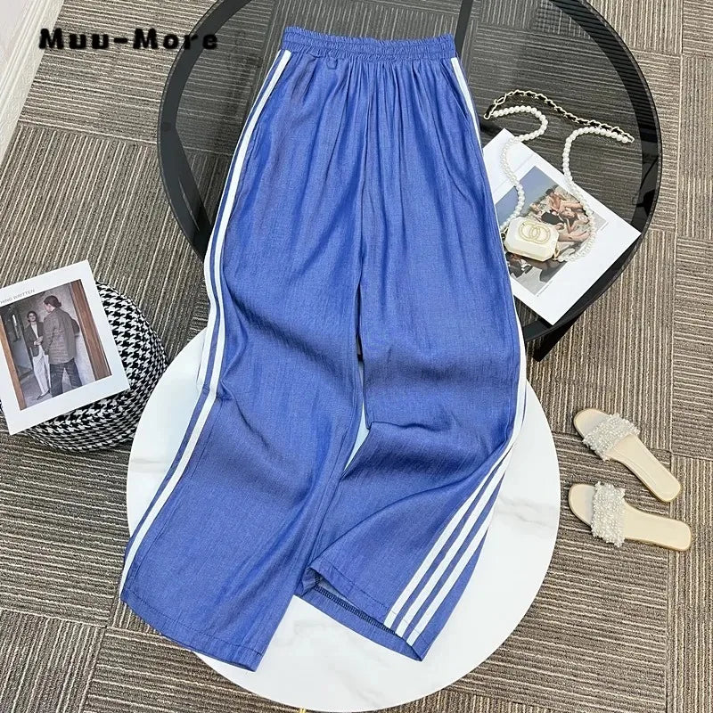 Maxy Summer Sporty Style Two-piece Set Women Short Sleeve Zipper Patchwork Top+Elastic Waist Striped Trousers Casual Pants Suits