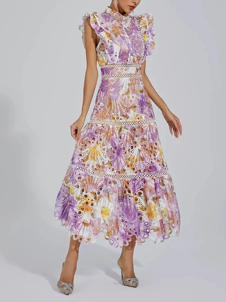 Maxy Colorblock Hollow Out Temperament Dress For Women Stand Collar Flying Sleeve High Waist Slim Dress Female Fashion