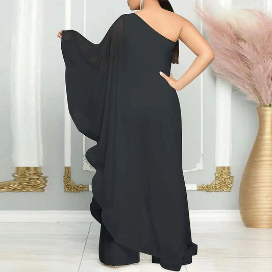 Amay Plus Size Mesh Elegant Jumpsuit Female One Shoulder Design Cloth Women One Piece Outfit Autumn Fashion Casual Jumpsuit