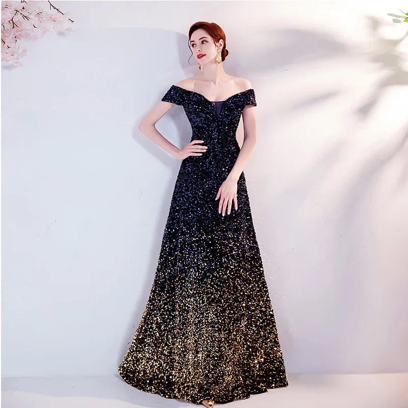 Maxy One Shoulder Evening Gown New Gradient Black Annual Party Stage Performance Host Walking Fish Tail Dress for Women
