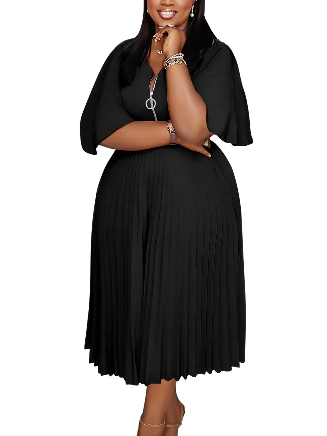 Maxy Dresses for Women Summer Elegant Half Sleeve V-neck Pleat Party Evening Midi Dress Dashiki Africa Clothing