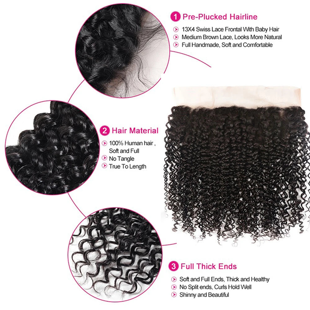 Maxy Kinky Curly Bundles with Frontal Brazilian Hair 3/4 Bundles 13x4 Lace Kinky Curly Virgin Hair with Baby Hair for Black Women