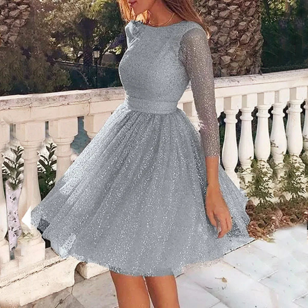 Gracy Femal Silver Sequined Dress Elegant Ladies Tie Waist Wedding Party Dress Women Sling Cross O-neck Slim Hollow Lace Dress