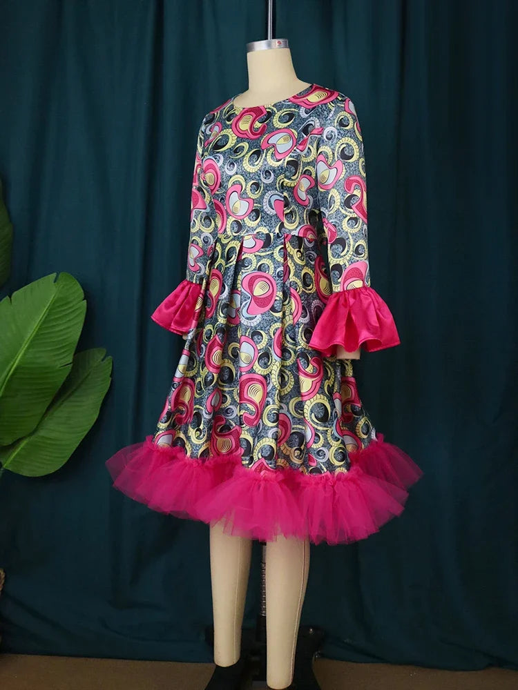 Maxy Big Size Print Dress Women Pleated Vintage Flare Sleeve Ruffle A Line Satin Sweet Fall Party Ball Gowns African Ladies Gowns