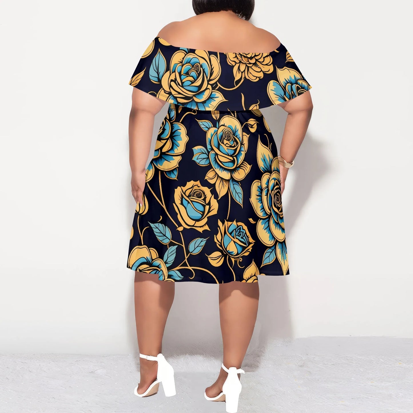 Maxy Plus Size Off Shoulder Short Sleeve Midi Dress Floral Rose Print Navy Blue Elegant Summer Party Casual Dress