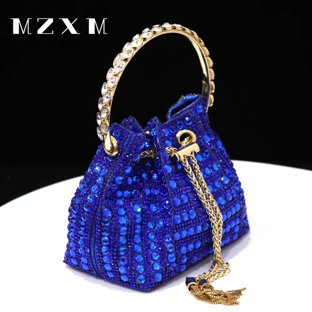 Maxy New Rhinestones Women Evening Bags Bucket Design Party Day Clutch Soft Mixed Color Shoulder Chain Handbags Purse