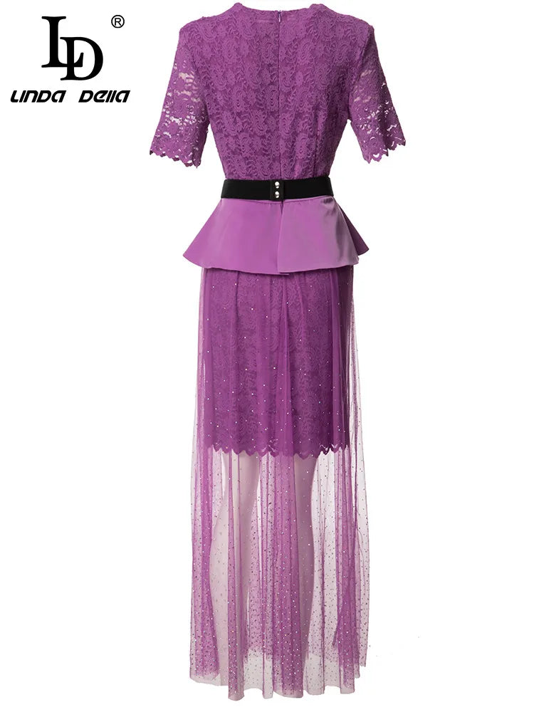 Maxy Designer Summer Dress Women V-neck Belted Luxury Diamond Beading Long Sleeve Lace Ruffles Purple Long Dress