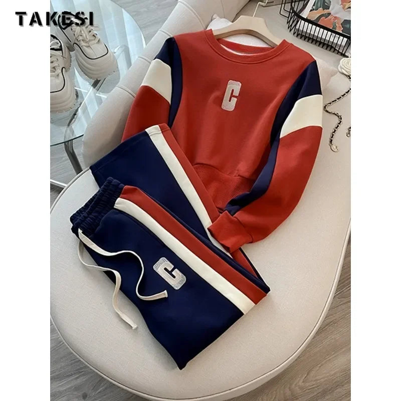Maxy Fashion Casual Sporty Two-piece Set Women Letter Print O-neck Sweatshirt + Drawstring Trousers Sets Sports Pants Suits