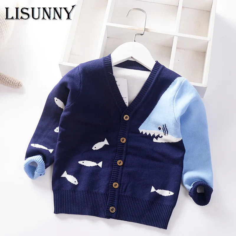 Babs Boys Sweater Cardigan Coat 2024 Autumn Winter Children's Sweaters Kids Knit Clothes Cartoon Whale V-Neck Toddler Sweaters