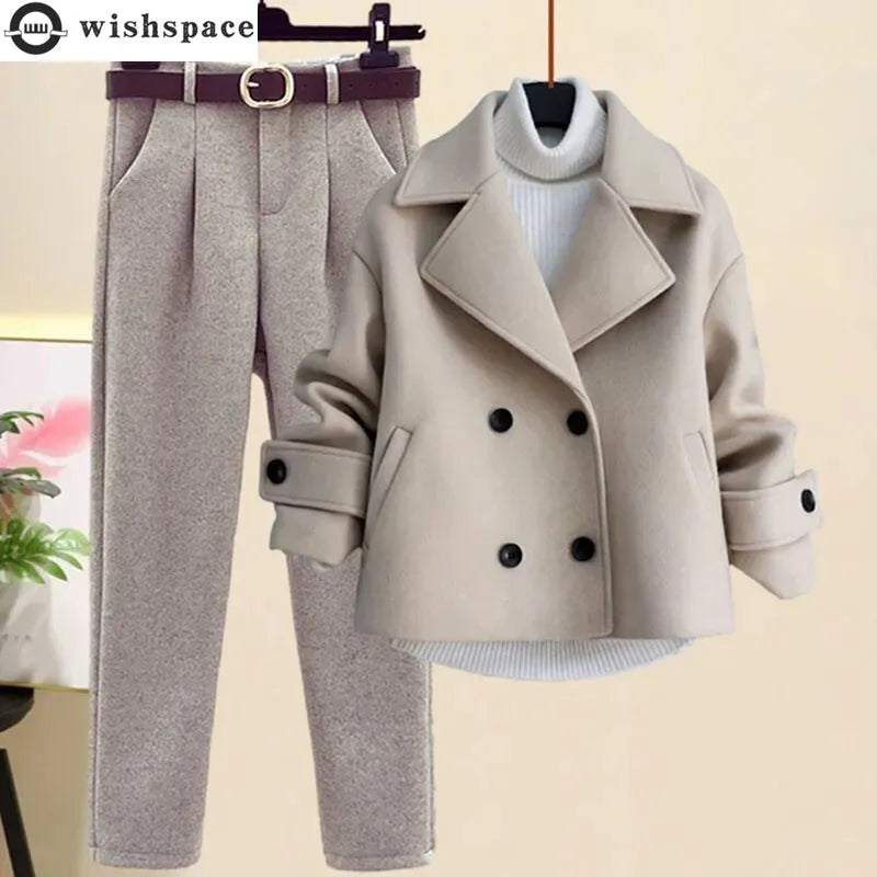 Maxy 2024 Autumn Winter Wool Suit  Jacket Long Sleeve Knitted Sweater Casual Trousers Three Piece Set Elegant Women's Pant Set