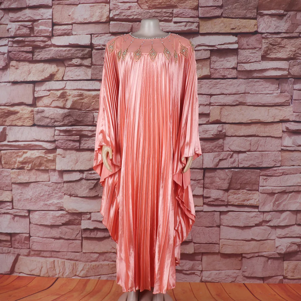 Maxy Women Pleated Diamonds Loose Maxy Evening Dress Djellaba Boubou Robe African Ankara Dashiki Dubai Turkey Abaya Kaftan Party Gown