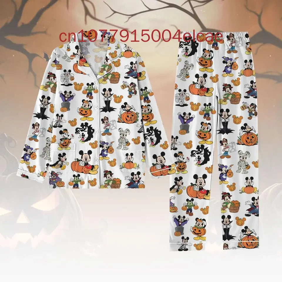 Maxy Disney Mickey And Friends Halloween Pajama Set 3D Printed Casual Men's and Women's Long Sleeve Shirt Pajama Set