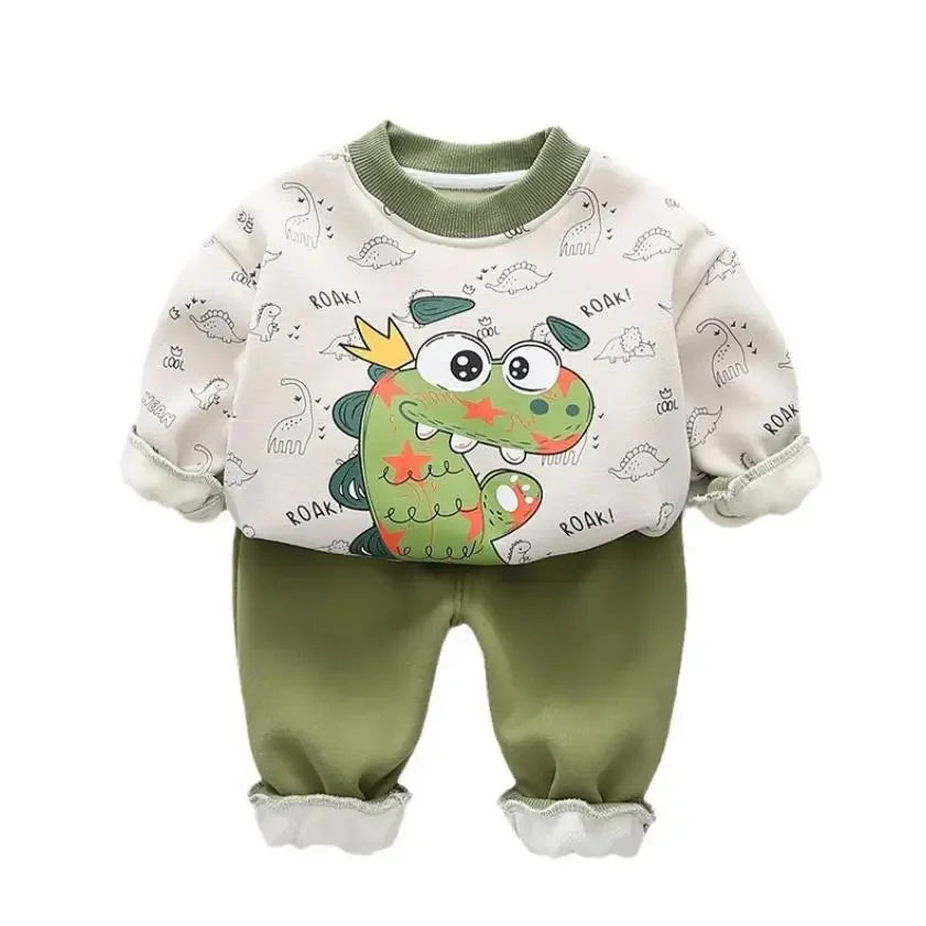 Maxy Baby Boys Clothes Toddler Sets Autumn Winter Casual Print Dinosaur Fleece Pullover Sweatshirt+Pants Boutique Outfits