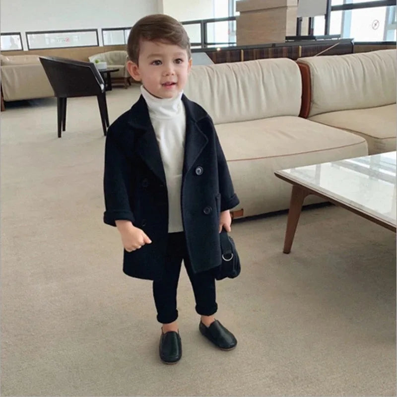 Maxy Boy Girl Woolen Jacket Long Double Breasted Warm Infant Toddler Lapel Tweed Coat Spring Autumn Winter Baby Outwear Clothes