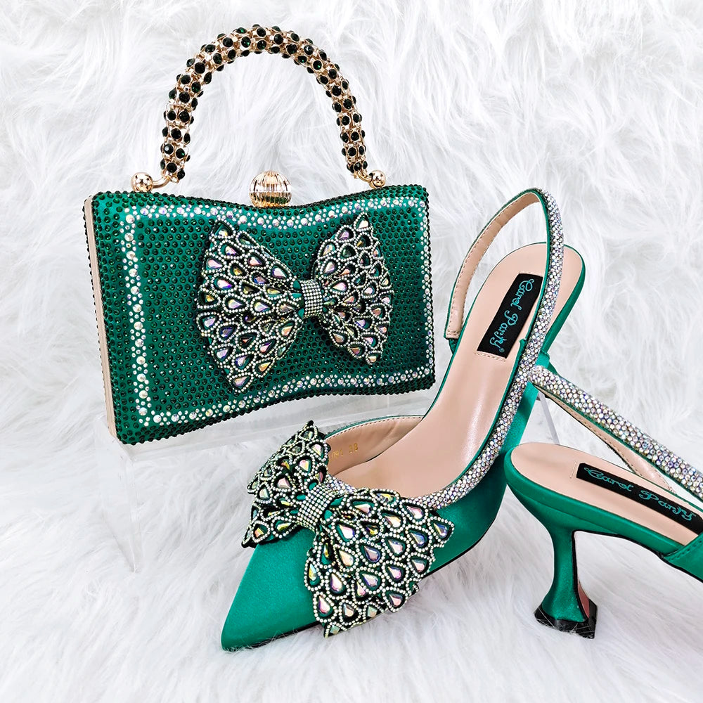 Maxy Doer show Italian green Shoes and Bag Sets for Evening Party With Stones Italian Leather Handbags Match Bags! HFG1-13