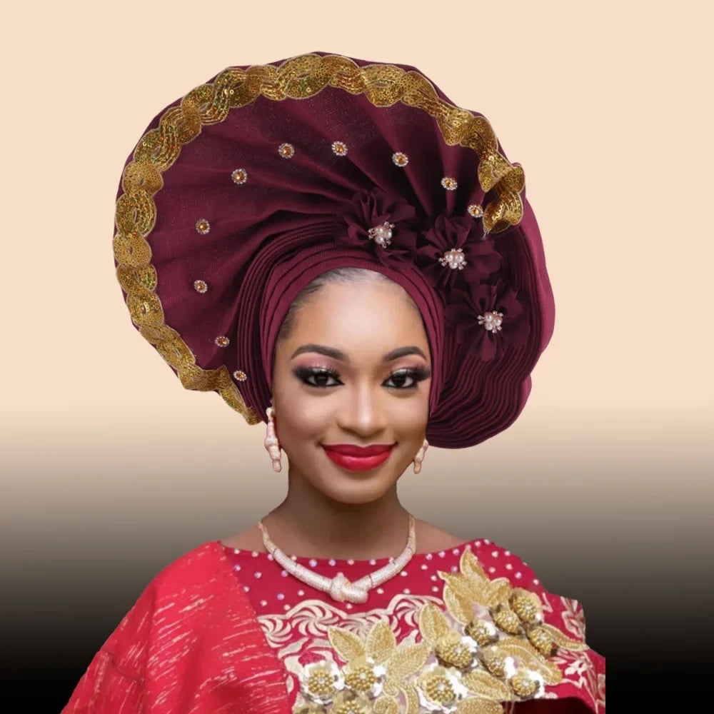 Maxy Beaded Turban Cap for Women Wedding Headwear Auto Gele Aso Oke Headties Hijab Bonnet Head Wrap Hat Nigeria Headgear