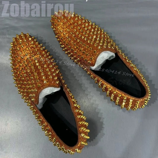 Maxy Gold Glitter Spikes Decor Low Top Loafers Fashion Slip On Men Shoes Luxury Handmade Party Banquet Office Dating Men Dress Shoes