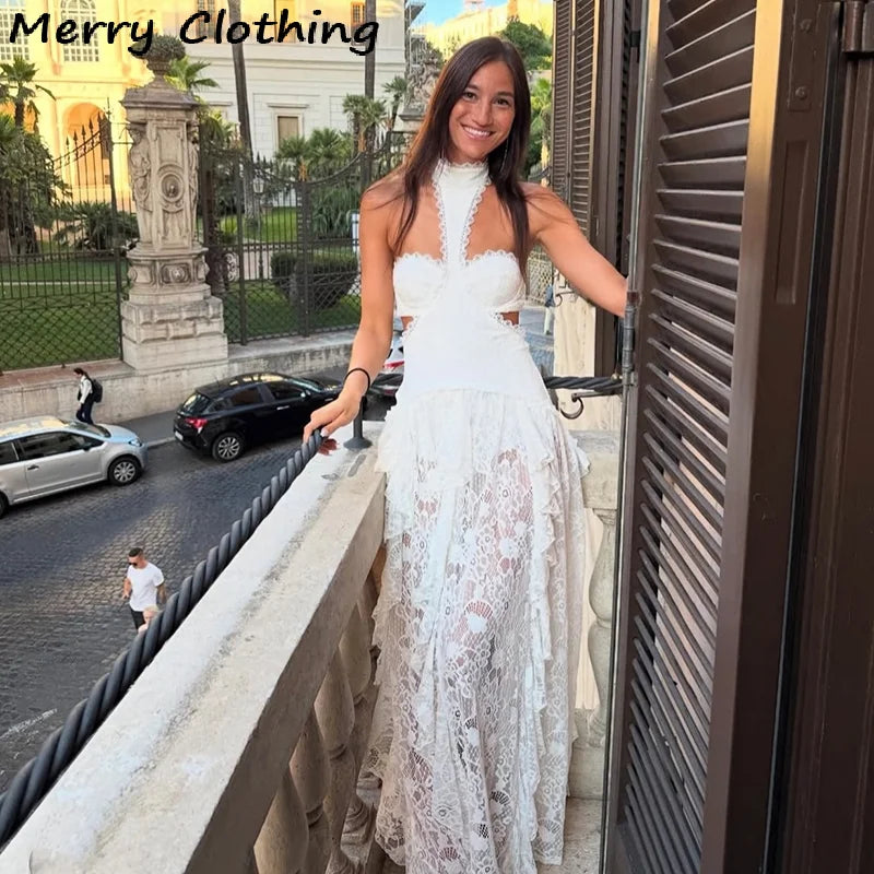 Maxy Sexy Lace Patchwork Dress Women Hollow Out Sleeveless Party Club Long Skirt See Through Halter Evening Gown Vacation Lady Robes