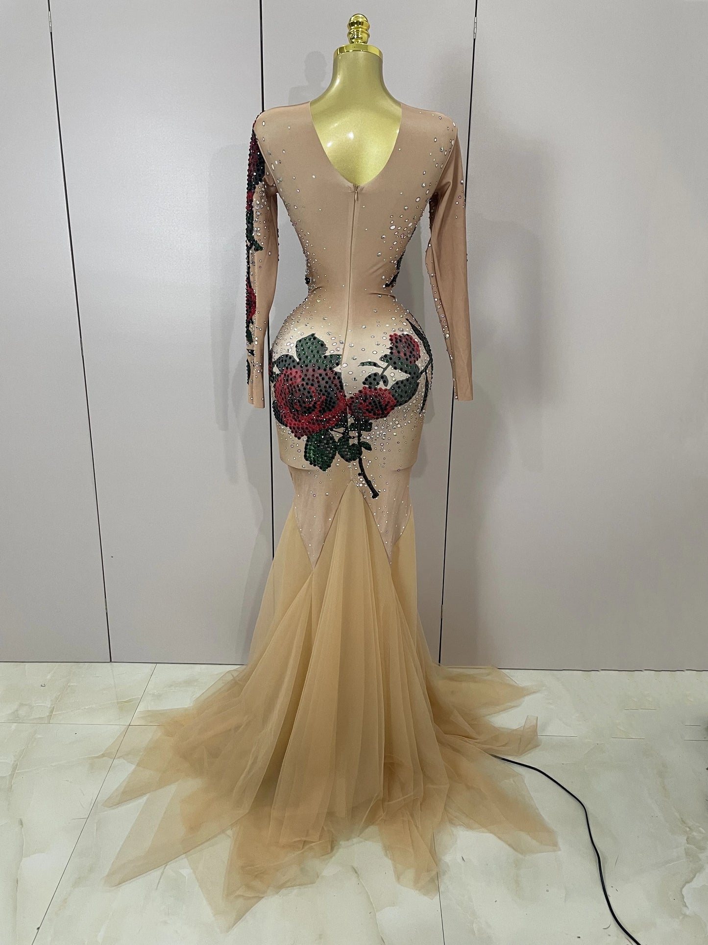Maxy Sexy Shiny Rhinestone Rose Floral Floor-Length Dress Evening Women Eveing Celebrate Birthday Party Nightclub Performance Costume