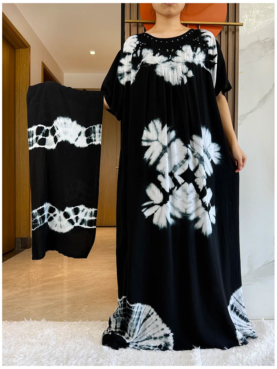 Maxy 2 Pieces Africa Dashiki Floral Printing Loose Cotton Caftan Lady Summer Maxy Casual Dresses With Big Scarf Short Sleeve