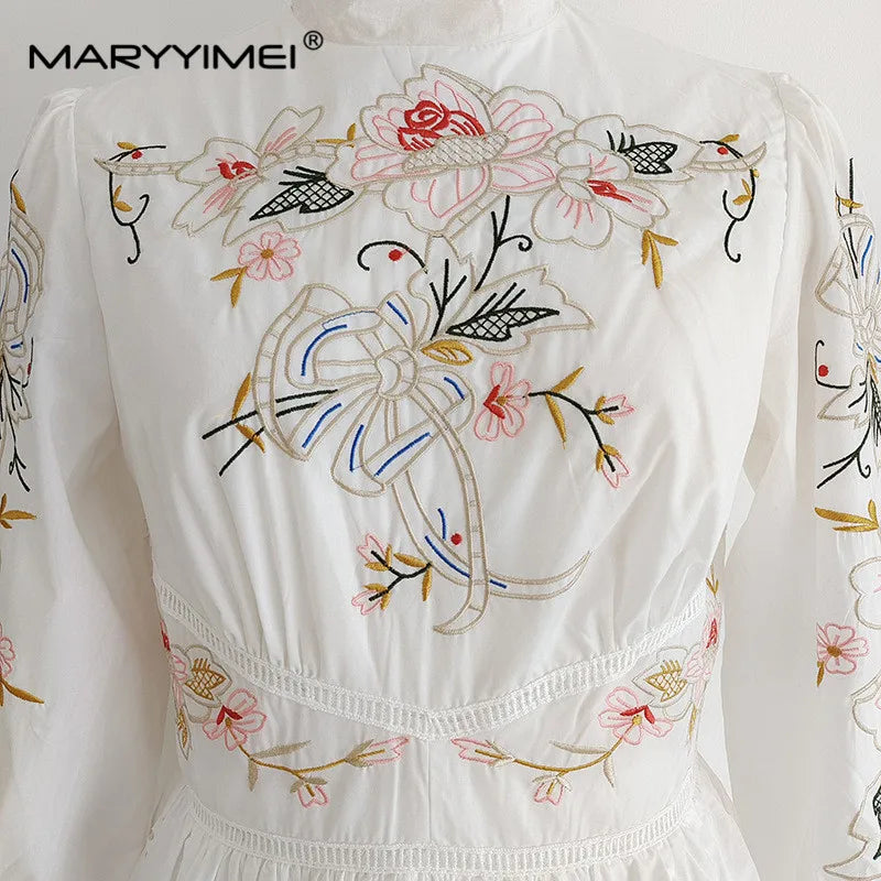 Maxy Fashion Designer dress Spring Autumn Women's Dress Stand collar Flowers Embroidery Hollow out Ruffles Dresses