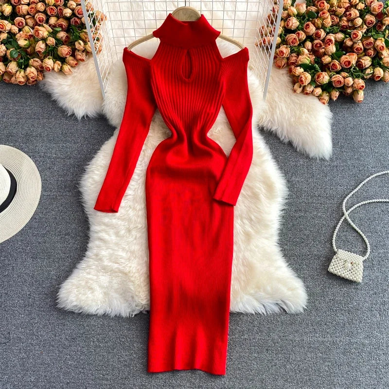 Amay Gagarich Woman Chic Knitting Dresses Autumn New Ins Stand-up Collar Tight-fitting Hollow Out Hip Strapless Stretch Vestidos