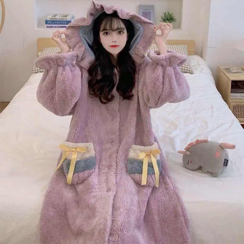 Maxy Ruffles Robe Women Sleepwear Hooded Nightdress Winter Fleece Pajama Night Wears Warm One Piece Nightgown Button Homewear