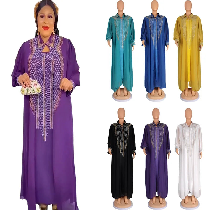 Maxy 2 Piece African Party Dresses for Luxury Diamonds Women Traditional Boubou Africa Clothing Muslim Abayas Robe Kaftan Turkey Gown